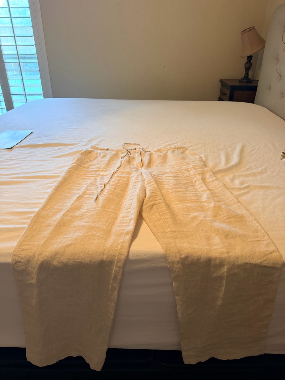 JM Collection Cream Drawstring Linen-Blend Pants